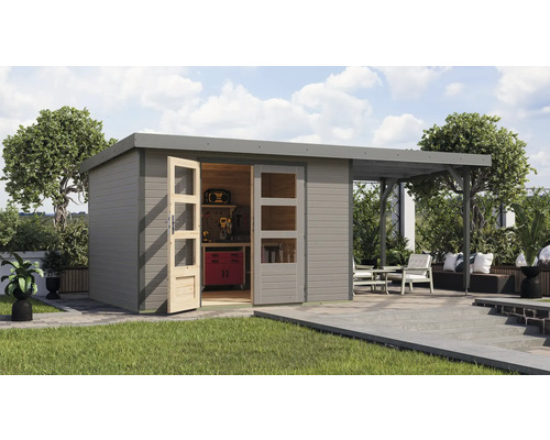 Gartenhaus Karibu Metalwood 5D Blech graualu inkl. Anbaudach 2,35 m 541,5 x 266,5 cm wassergrau Gartenhaus Karibu Metalwood 5D Blech graualu inkl. Anbaudach 2,35 m 541,5 x 266,5 cm wassergrau