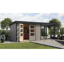 Gartenhaus Karibu Metalwood 5D Blech anthrazit inkl. Anbaudach 2,35 m 541,5 x 266,5 cm wassergrau