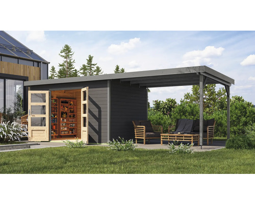 Gartenhaus Karibu Metalwood 2 7B Blech graualu inkl. Anbaudach 3 m 692,5 x 273 cm terragrau Gartenhaus Karibu Metalwood 2 7B Blech graualu inkl. Anbaudach 3 m 692,5 x 273 cm terragrau