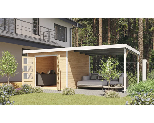 Gartenhaus Karibu Metalwood 2A Blech weiß inkl. Anbaudach 574 x 292 cm natur