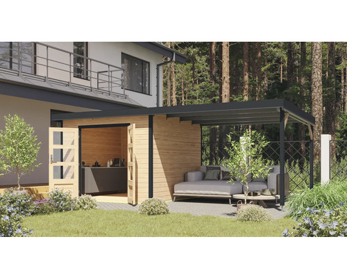 Gartenhaus Karibu Metalwood 2A Blech anthrazit inkl. Anbaudach 574 x 292 cm natur