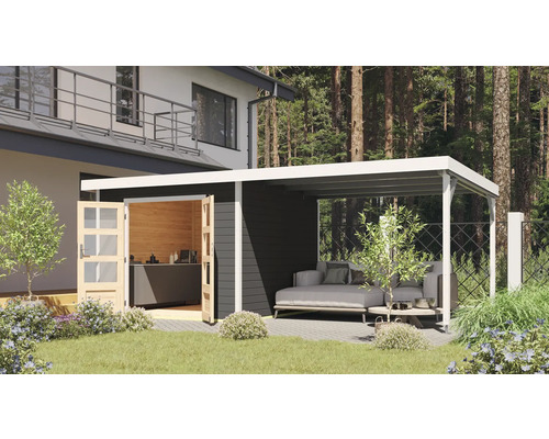 Gartenhaus Karibu Metalwood 2B Blech weiß inkl. Anbaudach 574 x 292 cm terragrau Gartenhaus Karibu Metalwood 2B Blech weiß inkl. Anbaudach 574 x 292 cm terragrau