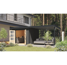 Gartenhaus mit überdachter Terrasse, Gartenmöbeln und Holzküche