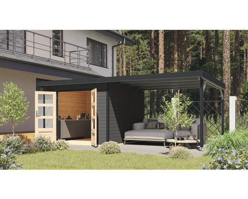 Gartenhaus Karibu Metalwood 2B Blech anthrazit inkl. Anbaudach 574 x 292 cm terragrau Gartenhaus Karibu Metalwood 2B Blech anthrazit inkl. Anbaudach 574 x 292 cm terragrau