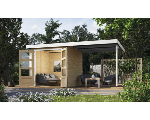Gartenhaus Karibu Metalwood Blech weiß inkl. Anbaudach 438 x 236,5 cm natur Gartenhaus Karibu Metalwood Blech weiß inkl. Anbaudach 438 x 236,5 cm natur