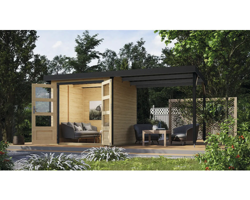 Gartenhaus Karibu Metalwood Blech anthrazit inkl. Anbaudach 438 x 236,5 cm natur Gartenhaus Karibu Metalwood Blech anthrazit inkl. Anbaudach 438 x 236,5 cm natur
