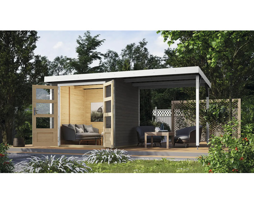 Gartenhaus Karibu Metalwood Blech weiß inkl. Anbaudach 438 x 236,5 cm terragrau Gartenhaus Karibu Metalwood Blech weiß inkl. Anbaudach 438 x 236,5 cm terragrau
