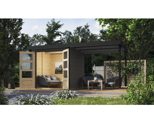 Gartenhaus Karibu Metalwood Blech anthrazit inkl. Anbaudach 438 x 236,5 cm terragrau Gartenhaus Karibu Metalwood Blech anthrazit inkl. Anbaudach 438 x 236,5 cm terragrau