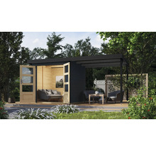 Modernes Gartenhaus mit Terrasse, Gartenmöbeln und Pflanzen