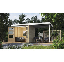 Modernes Gartenhaus mit überdachter Terrasse und Holzboden im Garten.