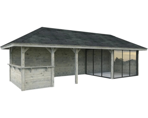 Holzgartenhaus mit Dach und Glasschiebetüren