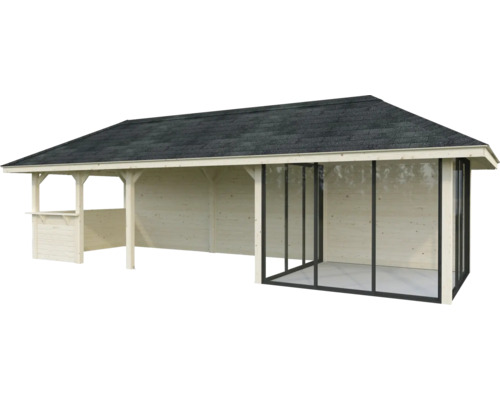 Holzpavillon mit Dach und Glasfront