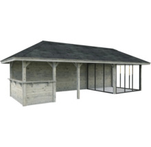 Freistehender Holzpavillon mit Glasfront