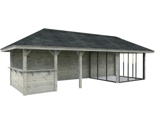 Freistehender Holzpavillon mit Glasfront