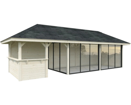 Holzgartenhaus mit Glasfront und Anbau