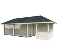 Gartenhaus mit Glasfront und überdachter Terrasse