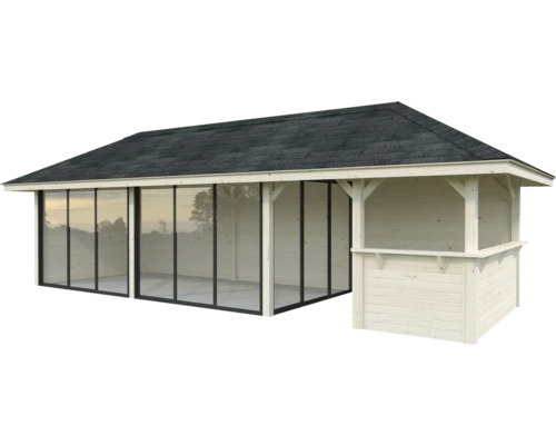 Gartenhaus mit Glasfront und überdachter Terrasse