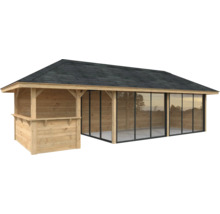 Holzpavillon mit Glasschiebetüren und Bar