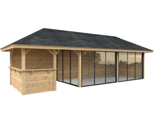 Holzpavillon mit Glasschiebetüren und Bar