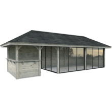 Gartenhaus mit Überdachung und Glasschiebetüren
