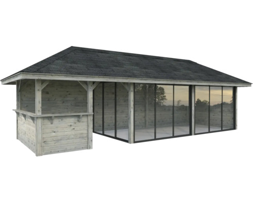 Gartenhaus mit Überdachung und Glasschiebetüren