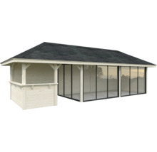Holzgartenhaus mit Glasfront und Satteldach