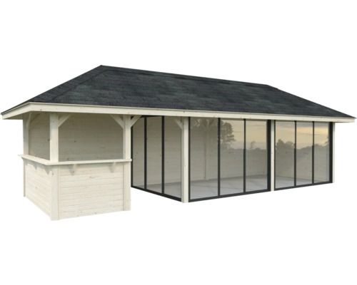 Holzgartenhaus mit Glasfront und Satteldach
