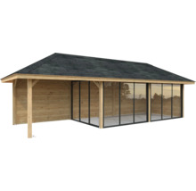 Holz Gartenhaus mit Dach und Glasschiebetüren