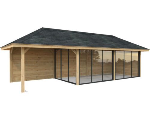 Holz Gartenhaus mit Dach und Glasschiebetüren