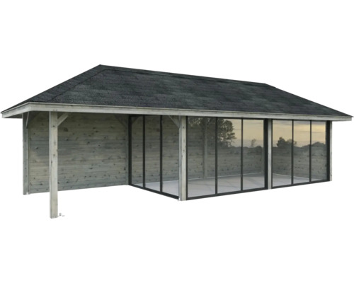 Gartenhaus mit Glasfront und Holzwänden