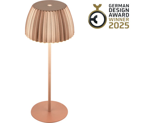 Akku Tischleuchte mit Touchdimmer 2W 200 lm 2700 K H 36,5 cm Riffle kupferfarbig Stehlampe mit Lampenschirm und German Design Award Gewinner 2025 Siegel
