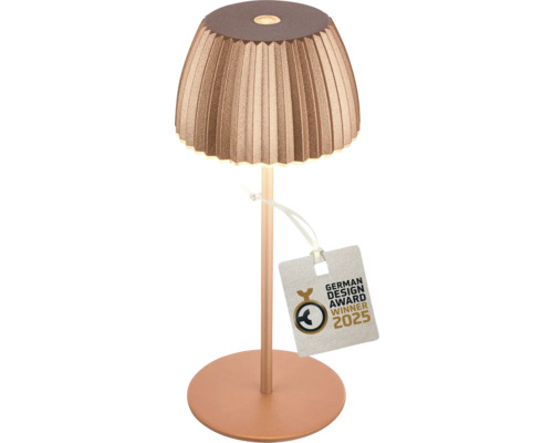 LED Akku Tischleuchte stufenloser Touchdimmer 1,5W 150 lm 2700 K H 20 cm Riffle kupfer Tischleuchte mit Lampenschirm und German Design Award Winner 2025 Siegel