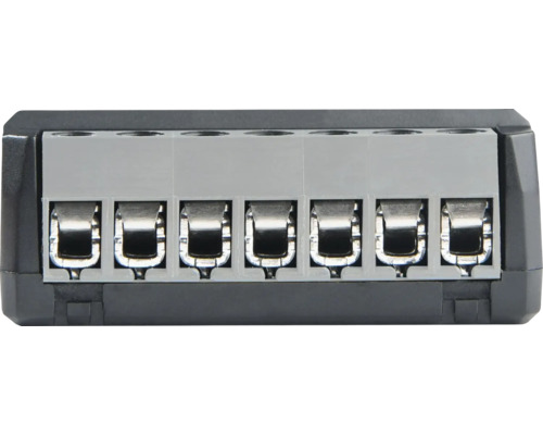 Sechs graue Schraubklemmen zur elektrischen Verbindung