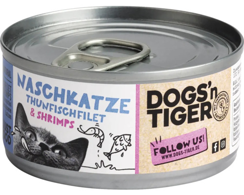 Katzenfutter nass DOGS`n TIGER Naschkatze Thunfischfilet & Shrimps 70 g kein Zucker, kein Getreide und keine künstlichen Aroma-, Farb- und Konservierungsstoffe