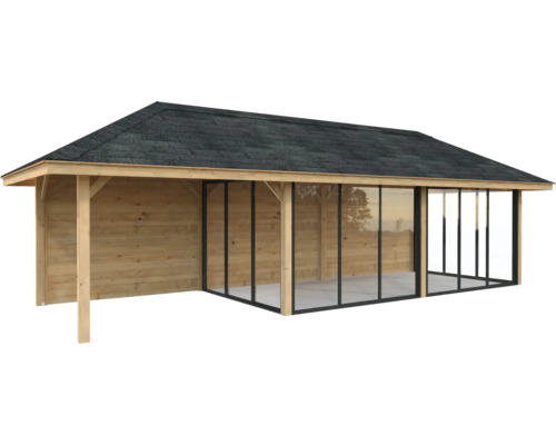 Holzgartenhaus mit Schiebetüren und Bitumendach