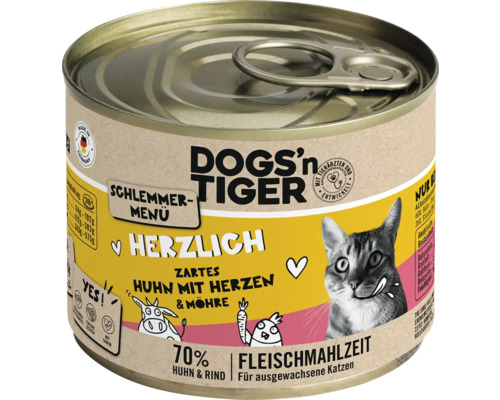 Katzenfutter nass DOGS`n TIGER Herzlich Schlemmermenü Huhn mit Herzen & Möhren 200 g kein Zucker, kein Getreide und keine künstlichen Aroma-, Farb- und Konservierungsstoffe