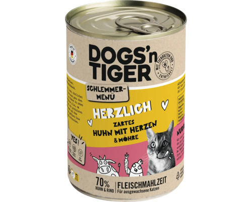 Katzenfutter nass DOGS`n TIGER Herzlich Schlemmermenü Huhn mit Herzen & Möhren 400 g kein Zucker, kein Getreide und keine künstlichen Aroma-, Farb- und Konservierungsstoffe