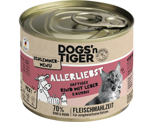 Katzenfutter nass DOGS`n TIGER Allerliebst Schlemmermenü Rind mit Leber & Kürbis 200 g kein Zucker, kein Getreide und keine künstlichen Aroma-, Farb- und Konservierungsstoffe