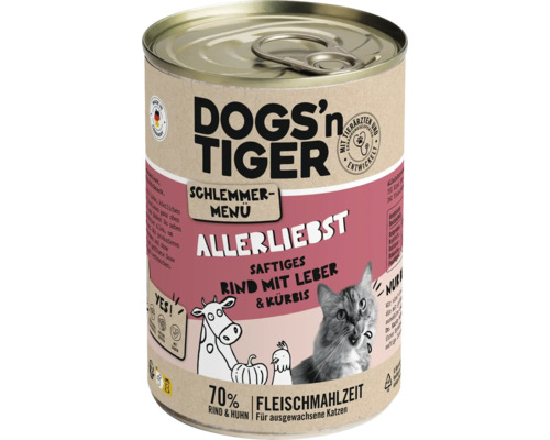 Katzenfutter nass DOGS`n TIGER Allerliebst Schlemmermenü Rind mit Leber & Kürbis 400 g kein Zucker, kein Getreide und keine künstlichen Aroma-, Farb- und Konservierungsstoffe