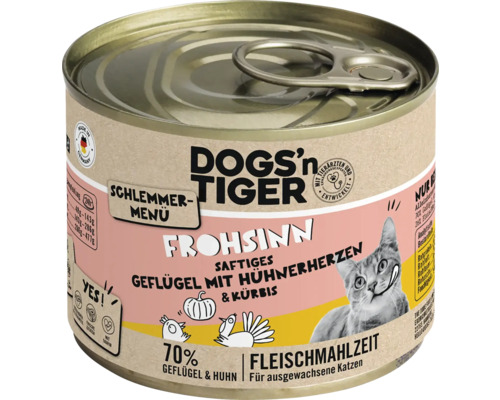 Katzenfutter nass DOGS`n TIGER Frohsinn Schlemmermenü Geflügel mit Hühnerherzen & Kürbis 200 g kein Zucker, kein Getreide und keine künstlichen Aroma-, Farb- und Konservierungsstoffe