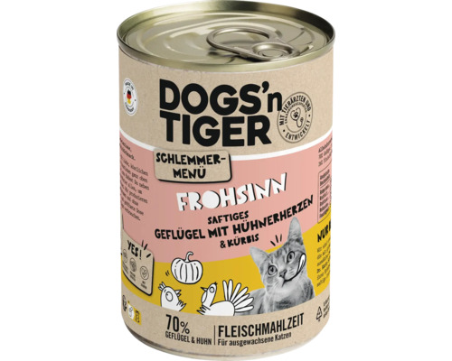 Katzenfutter nass DOGS`n TIGER Frohsinn Schlemmermenü Geflügel mit Hühnerherzen & Kürbis 400 g kein Zucker, kein Getreide und keine künstlichen Aroma-, Farb- und Konservierungsstoffe
