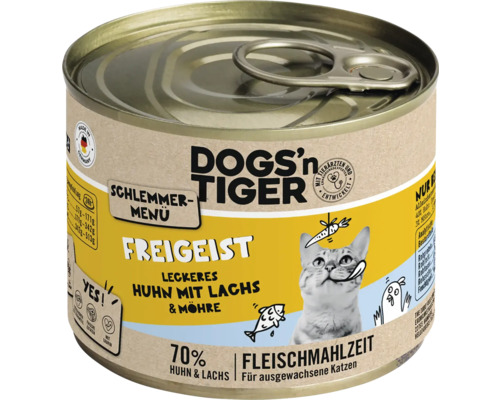 Katzenfutter nass DOGS`n TIGER Freigeist Schlemmermenü Huhn mit Lachs & Möhre 200 g kein Zucker, kein Getreide und keine künstlichen Aroma-, Farb- und Konservierungsstoffe