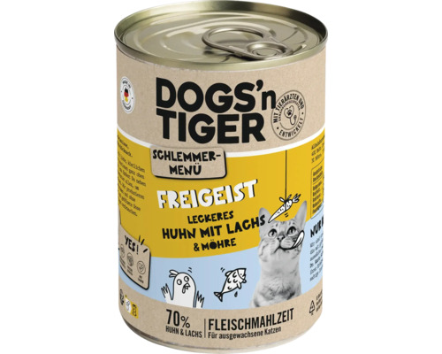 Katzenfutter nass DOGS`n TIGER Freigeist Schlemmermenü Huhn mit Lachs & Möhre 400 g kein Zucker, kein Getreide und keine künstlichen Aroma-, Farb- und Konservierungsstoffe