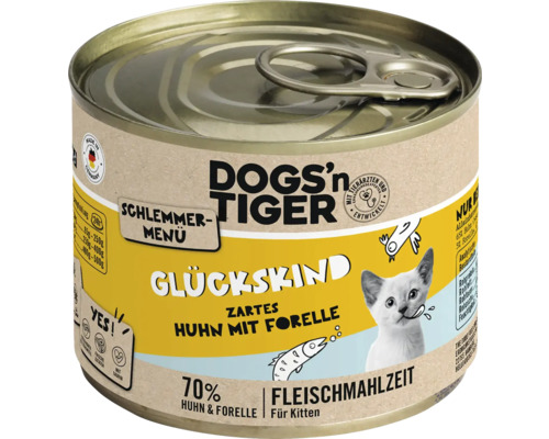 Katzenfutter nass DOGS`n TIGER Glückskind Schlemmermenü Kitten Huhn mit Forelle 200 g kein Zucker, kein Getreide und keine künstlichen Aroma-, Farb- und Konservierungsstoffe