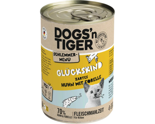 Katzenfutter nass DOGS`n TIGER Glückskind Schlemmermenü Kitten Huhn mit Forelle 400 g kein Zucker, kein Getreide und keine künstlichen Aroma-, Farb- und Konservierungsstoffe