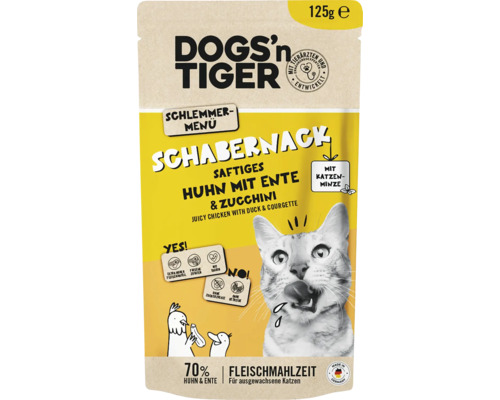 Katzenfutter nass DOGS`n TIGER Schabernack Schlemmermenü Huhn mit Ente & Zucchini 125 g kein Zucker, kein Getreide und keine künstlichen Aroma-, Farb- und Konservierungsstoffe