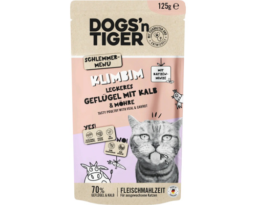 Katzenfutter nass DOGS`n TIGER Klimbim Schlemmermenü Geflügel mit Kalb & Möhre 125 g kein Zucker, kein Getreide und keine künstlichen Aroma-, Farb- und Konservierungsstoffe