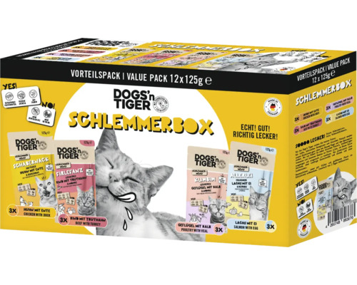 Katzenfutter nass DOGS`n TIGER Schlemmerbox 1,5 kg kein Zucker, kein Getreide und keine künstlichen Aroma-, Farb- und Konservierungsstoffe Dogs''n Tiger Schlemmerbox Katzenfutter Vorteilspack mit verschiedenen Geschmacksrichtungen