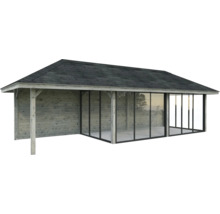 Überdachter Pavillon mit Holzverkleidung und Glasfront
