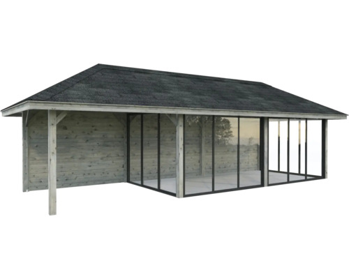 Überdachter Pavillon mit Holzverkleidung und Glasfront